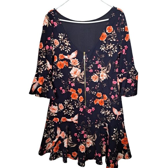 Eliza J. Navy Blue Orange Floral Bell Sleeve Flounce Dress Size 14 - Picture 3 of 8